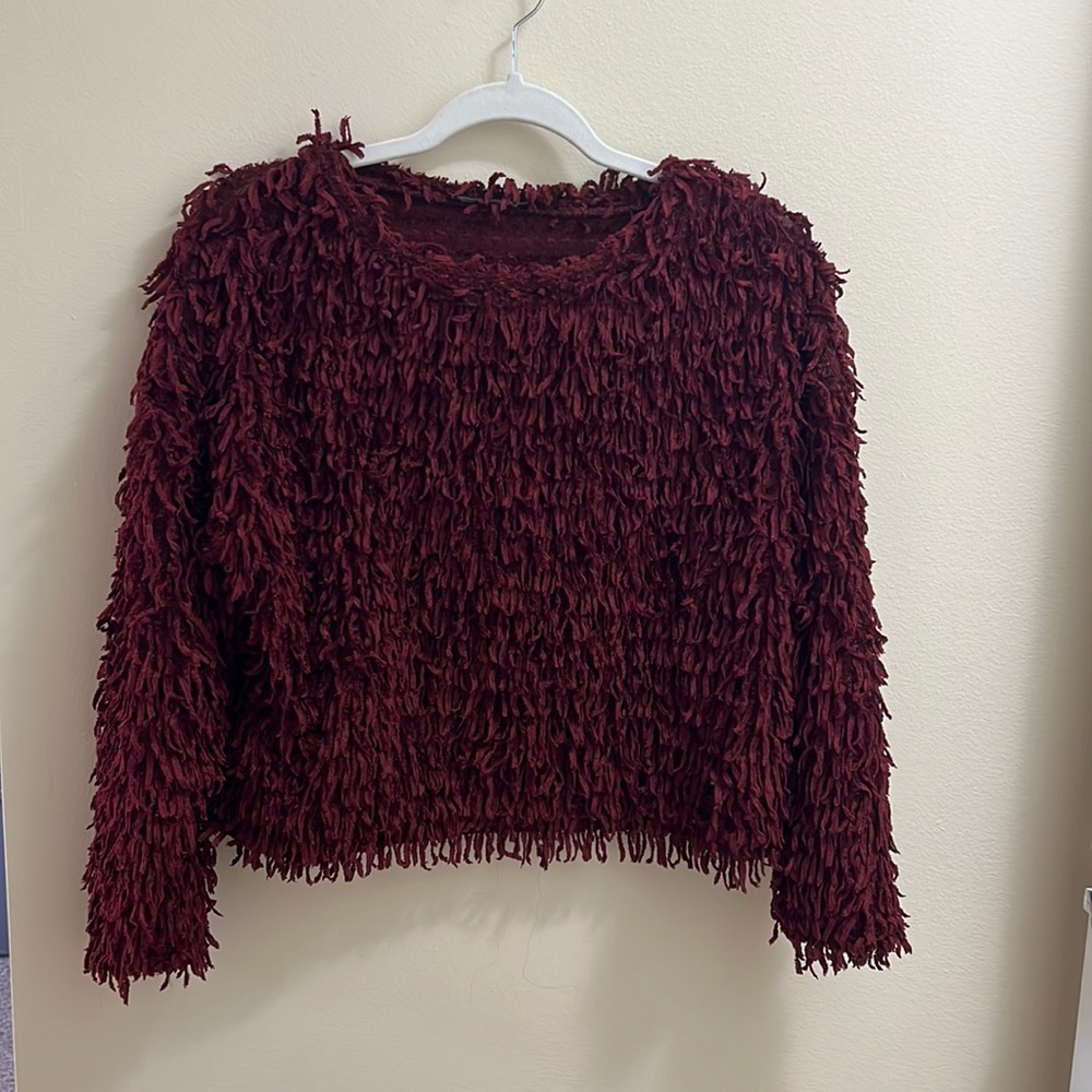 Zara Burgundy cropped sweater with fringe